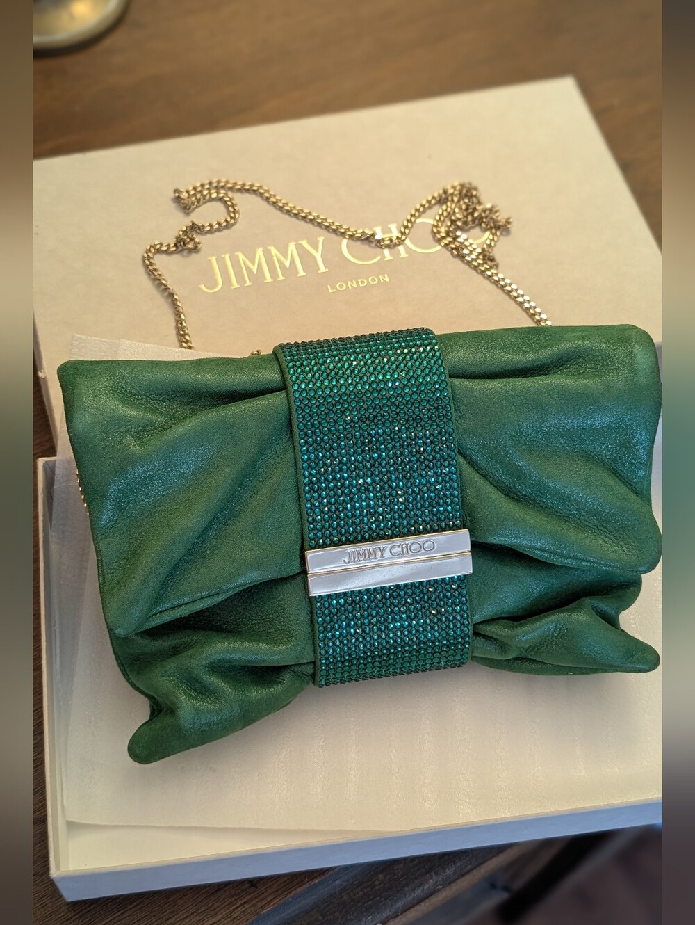 Jimmy Choo Pink Shimmer Suede Chandra Chain Clutch
